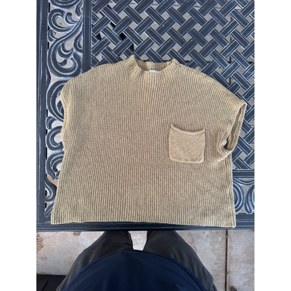 Free People Beach Women XL Cotton Ribbed Knit Sweater Vest Mock Neck Olive Tan